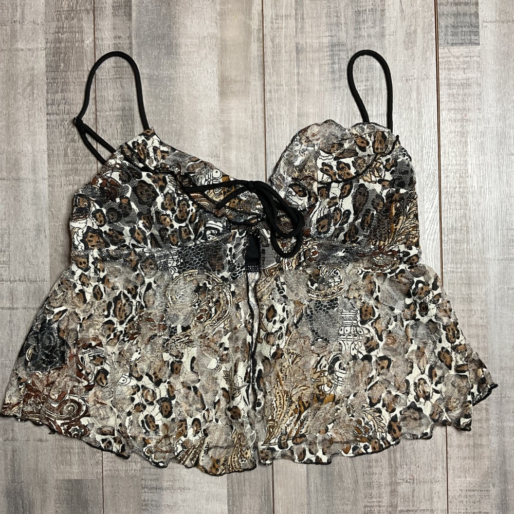 Good Days Project Leopard Paisley Mesh Tie Front Babydoll Camisole Top Large